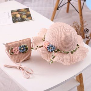Girls Sun Straw Hat Set, Beach Hat with Shoulder Bag( age 4-11 years old)